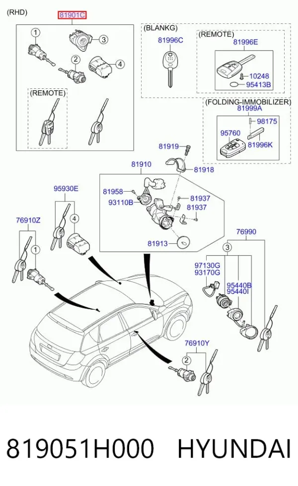Cilindros de fecho, kit 819051H000 Hyundai/Kia
