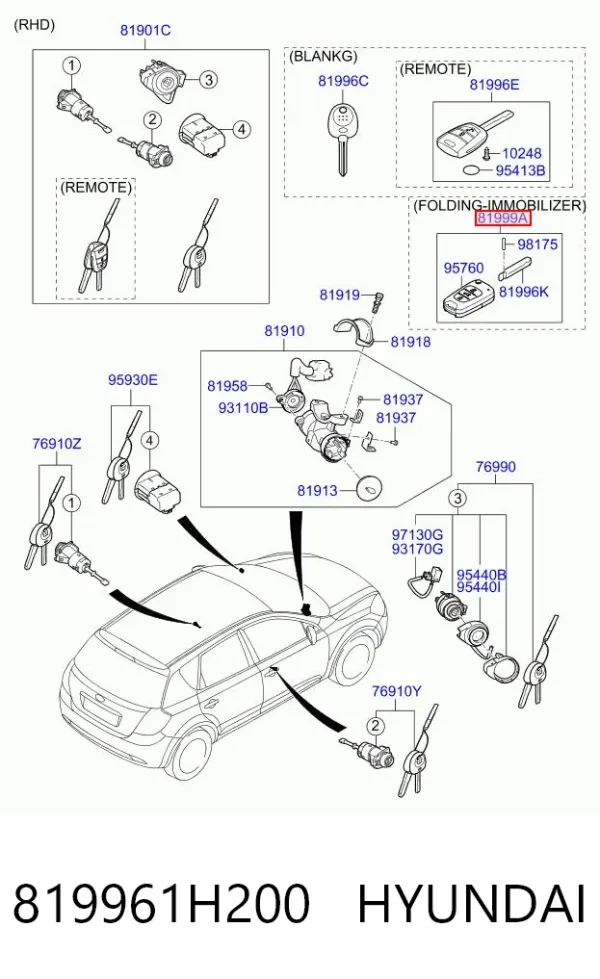 Chave de fecho de ignição 819961H200 Hyundai/Kia