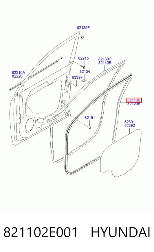 Compactador da porta dianteira esquerda (na carroçaria) 821102E001 Hyundai/Kia