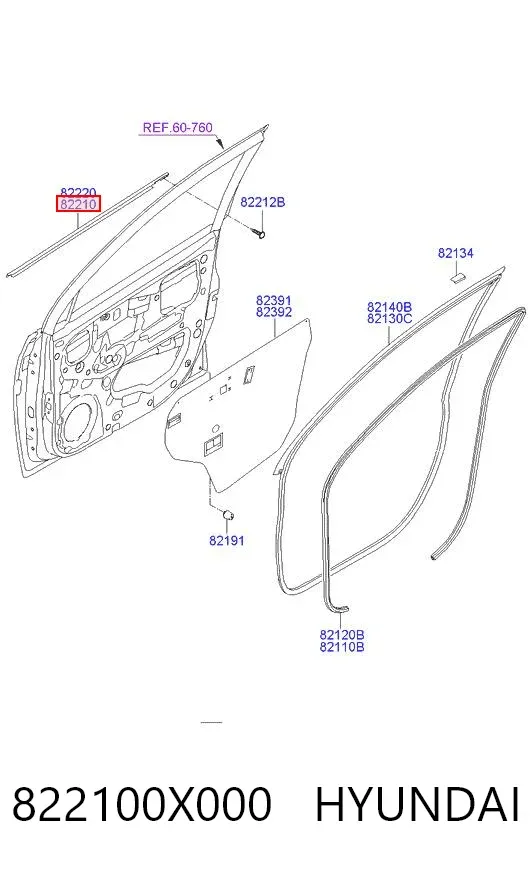 Moldura de vidro deslizante da porta dianteira esquerda 822100X000 Hyundai/Kia