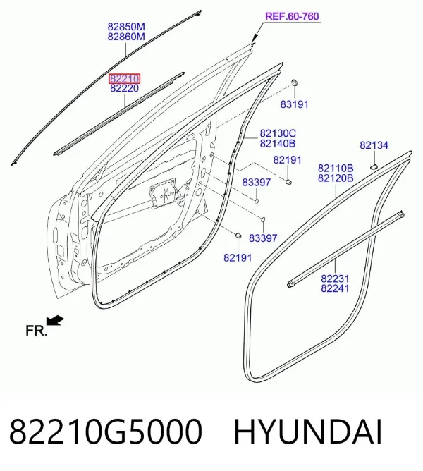 Moldura de vidro deslizante da porta dianteira esquerda 82210G5000 Hyundai/Kia
