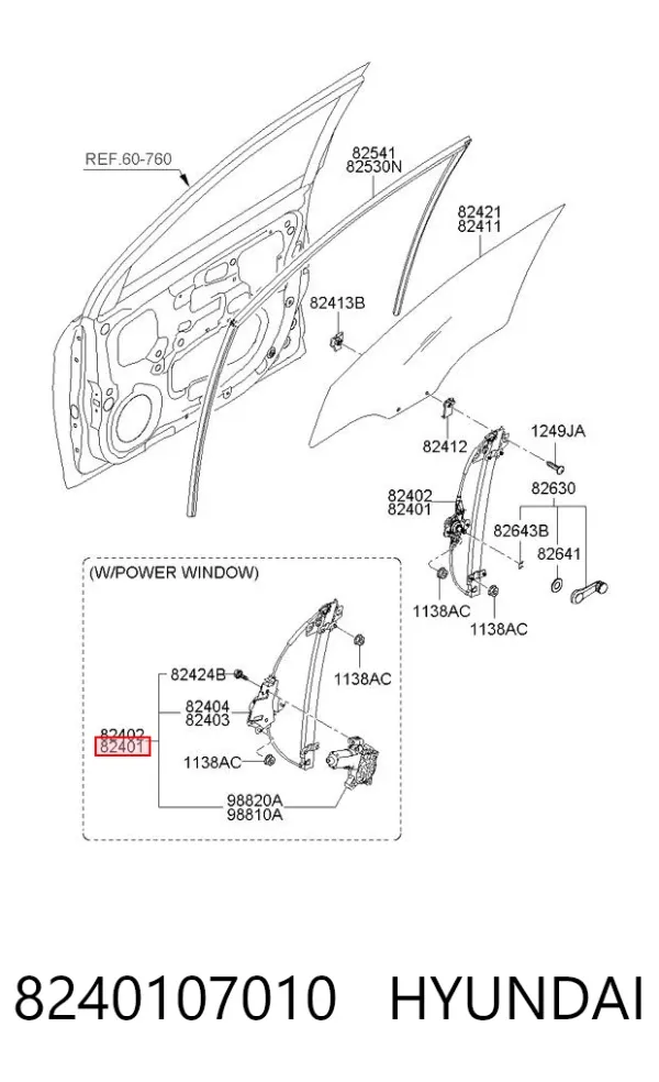 Mecanismo de acionamento de vidro da porta dianteira esquerda 8240107010 Hyundai/Kia
