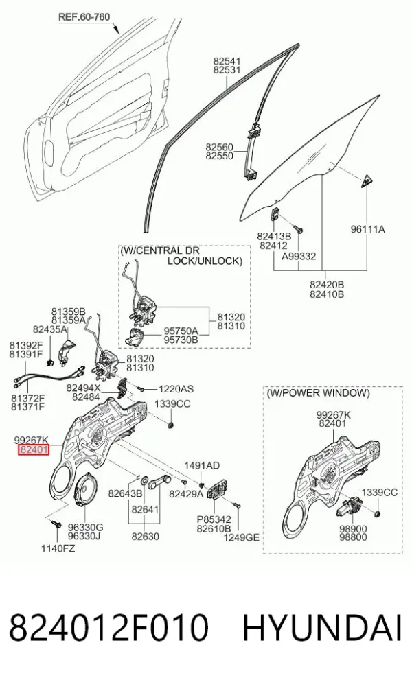 Mecanismo de acionamento de vidro da porta dianteira esquerda 824012F010 Hyundai/Kia