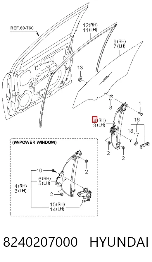 Mecanismo de acionamento de vidro da porta dianteira direita 8240207000 Hyundai/Kia