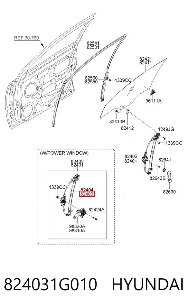 Mecanismo de acionamento de vidro da porta dianteira esquerda 824031G010 Hyundai/Kia