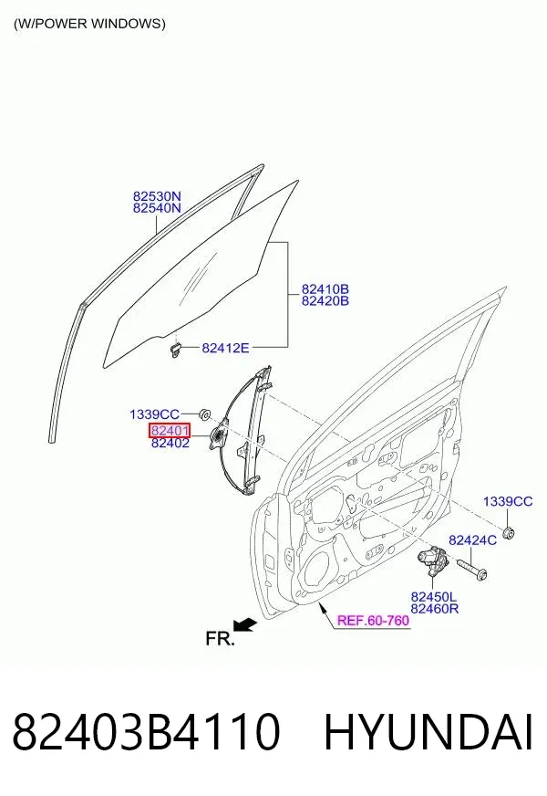 Mecanismo de acionamento de vidro da porta dianteira esquerda 82403B4110 Hyundai/Kia