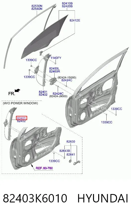 Mecanismo de acionamento de vidro da porta dianteira esquerda 82403K6010 Hyundai/Kia