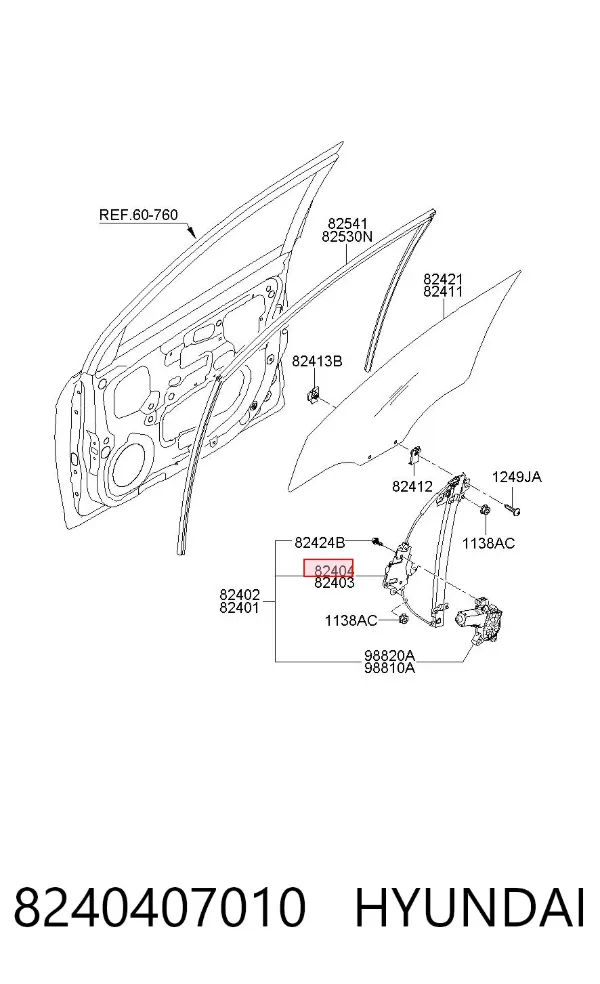 Mecanismo de acionamento de vidro da porta dianteira direita 8240407010 Hyundai/Kia