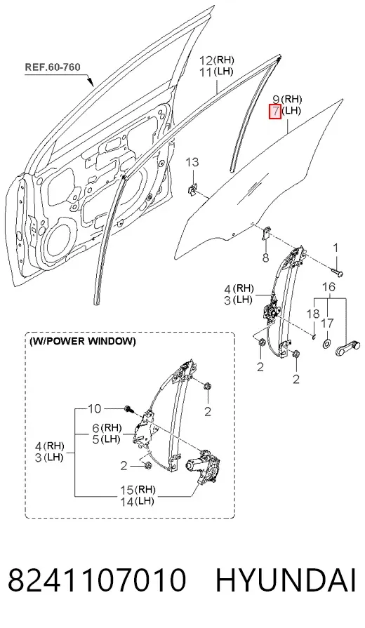 Vidro da porta dianteira esquerda 8241107010 Hyundai/Kia