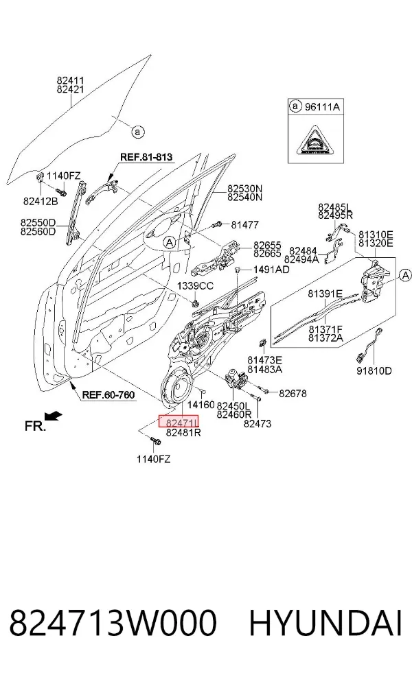Mecanismo de acionamento de vidro da porta dianteira esquerda 824713W000 Hyundai/Kia