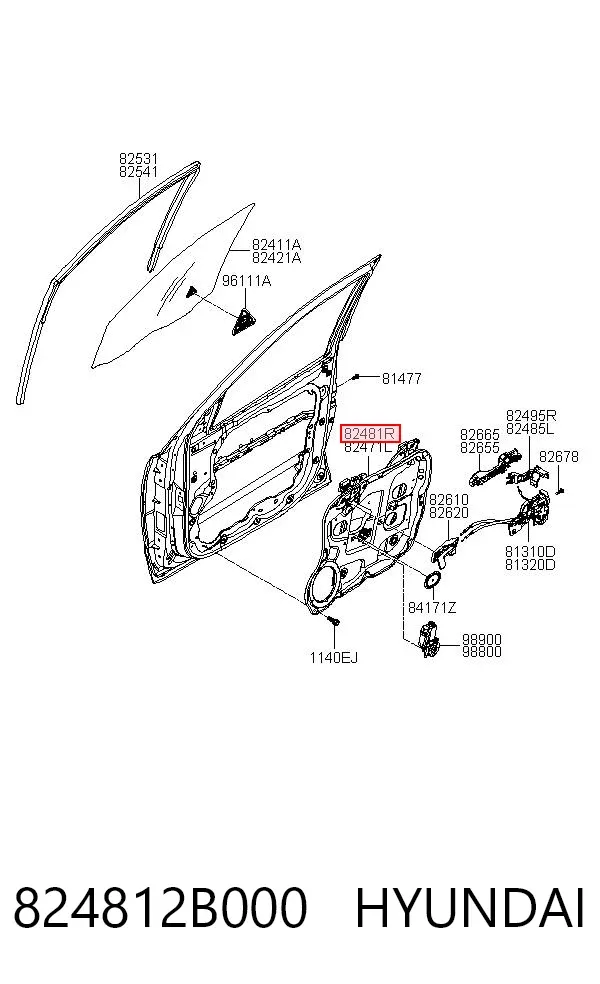 Mecanismo de acionamento de vidro da porta dianteira direita 824812B000 Hyundai/Kia