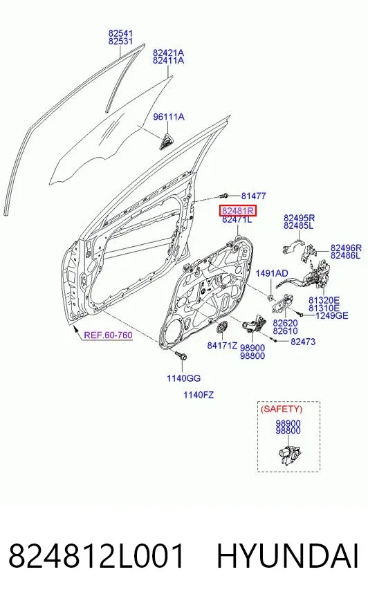 Mecanismo de acionamento de vidro da porta dianteira direita 824812L001 Hyundai/Kia
