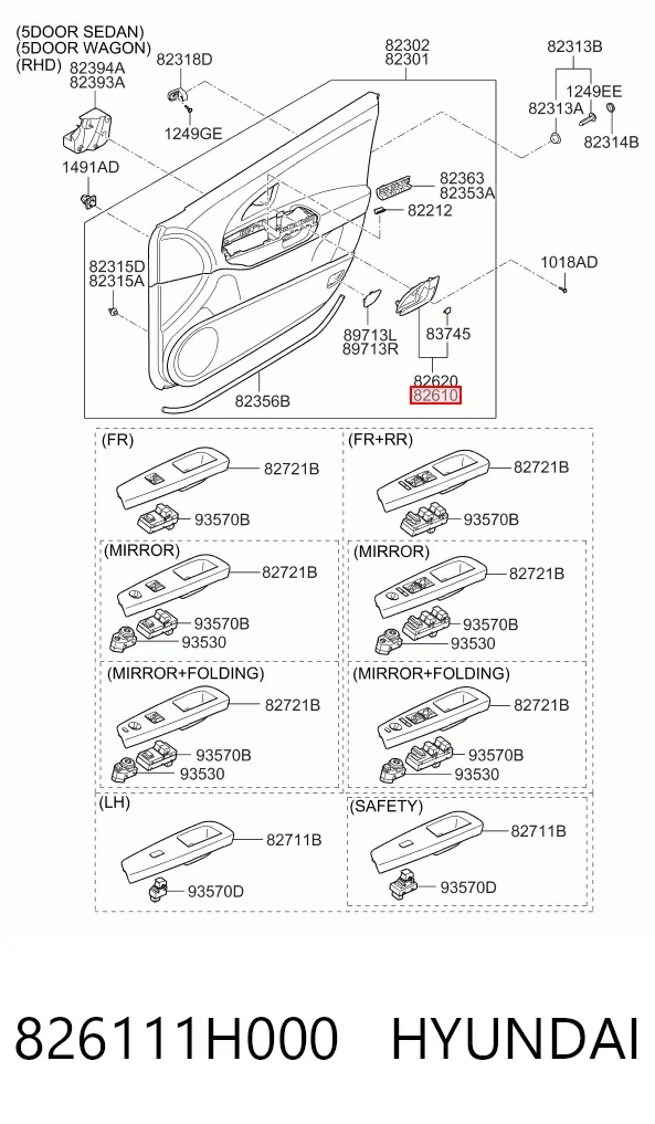 Maçaneta interna dianteira/traseira da porta esquerda 826111H000 Hyundai/Kia
