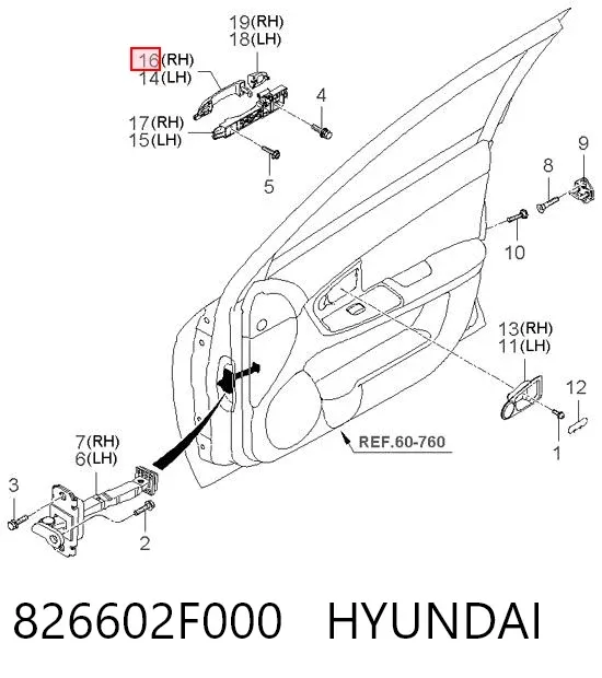 Maçaneta dianteira direita da porta externa 826602F000 Hyundai/Kia