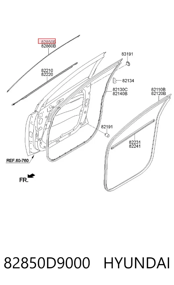 Moldura da porta dianteira esquerda superior 82850D9000 Hyundai/Kia