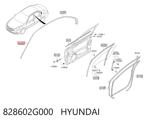 Moldura da porta dianteira direita superior 828602G000 Hyundai/Kia