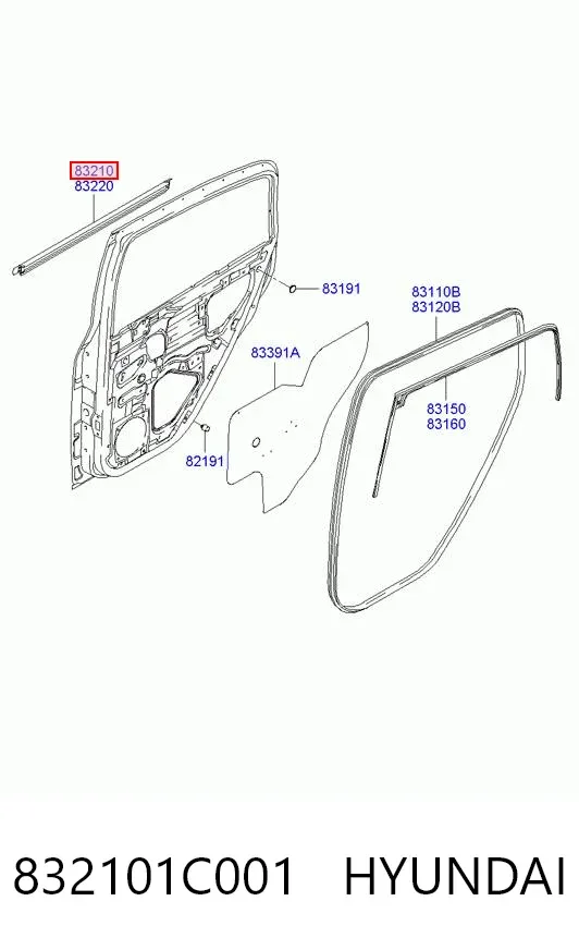 Moldura de vidro deslizante da porta traseira esquerda 832101C001 Hyundai/Kia