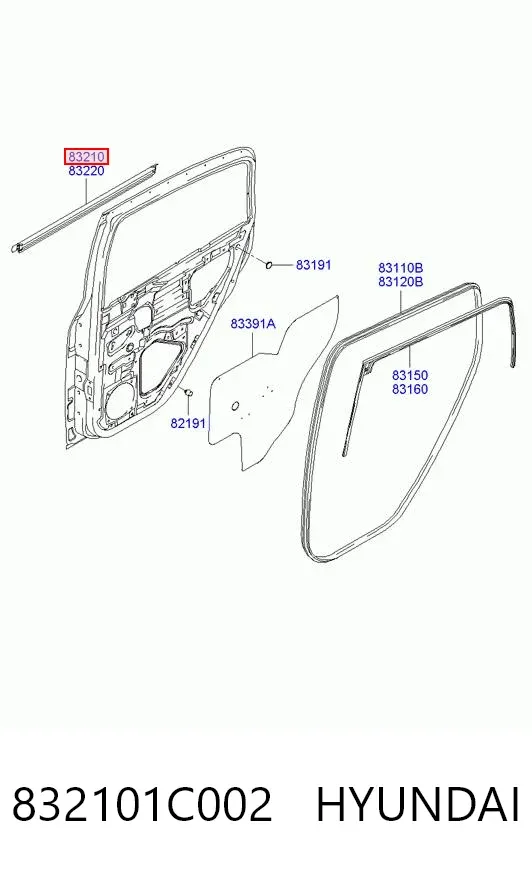 Moldura de vidro deslizante da porta traseira esquerda 832101C002 Hyundai/Kia
