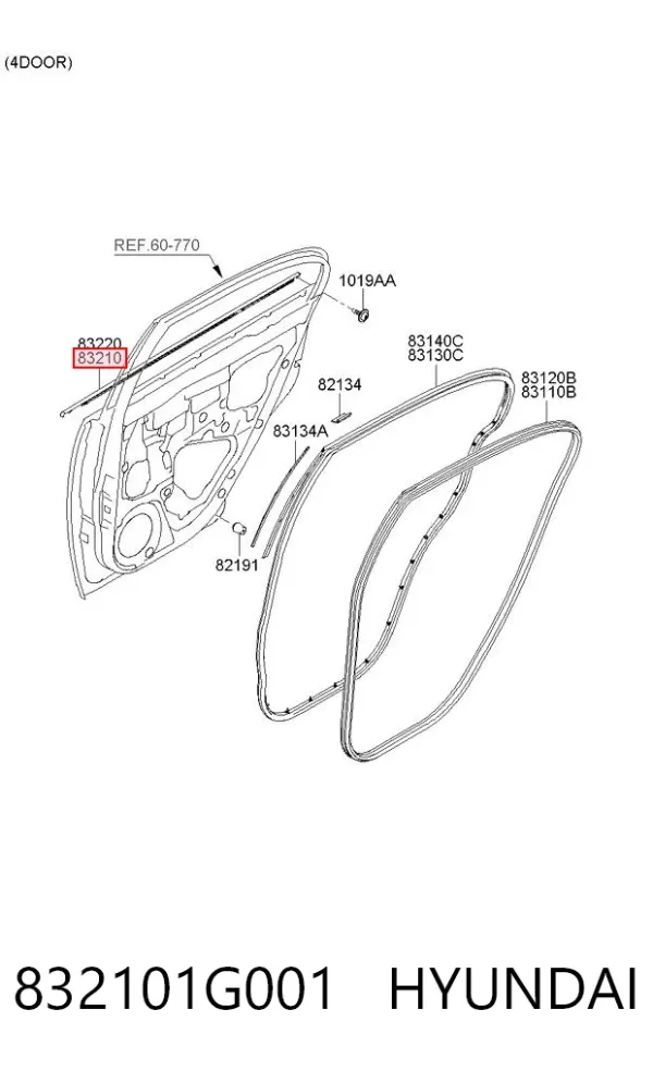 Moldura de vidro deslizante da porta traseira esquerda 832101G001 Hyundai/Kia