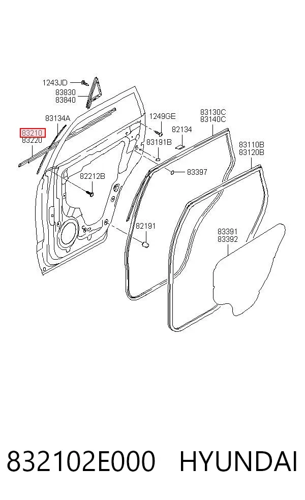 Moldura de vidro deslizante da porta traseira esquerda 832102E000 Hyundai/Kia
