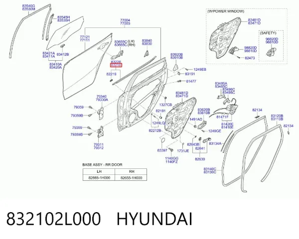 Moldura de vidro deslizante da porta traseira esquerda 832102L000 Hyundai/Kia