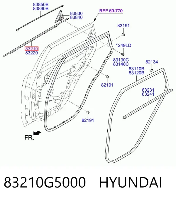 Moldura de vidro deslizante da porta traseira esquerda 83210G5000 Hyundai/Kia