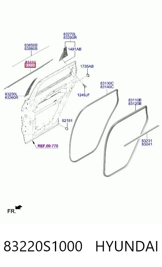Moldura de vidro deslizante da porta traseira direita 83220S1000 Hyundai/Kia