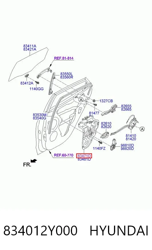 Mecanismo de acionamento de vidro da porta traseira esquerda 834012Y000 Hyundai/Kia