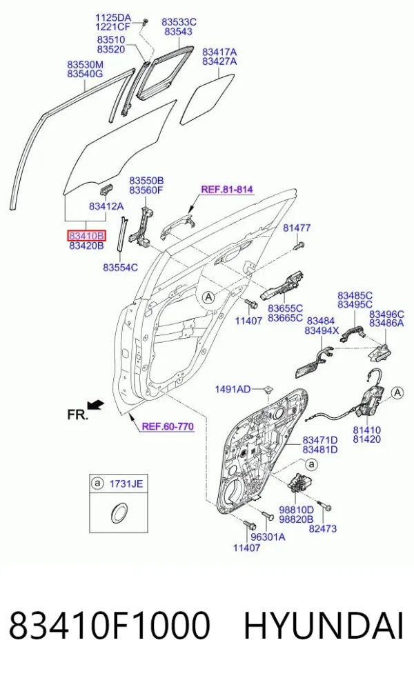 Vidro da porta traseira esquerda 83410F1000 Hyundai/Kia