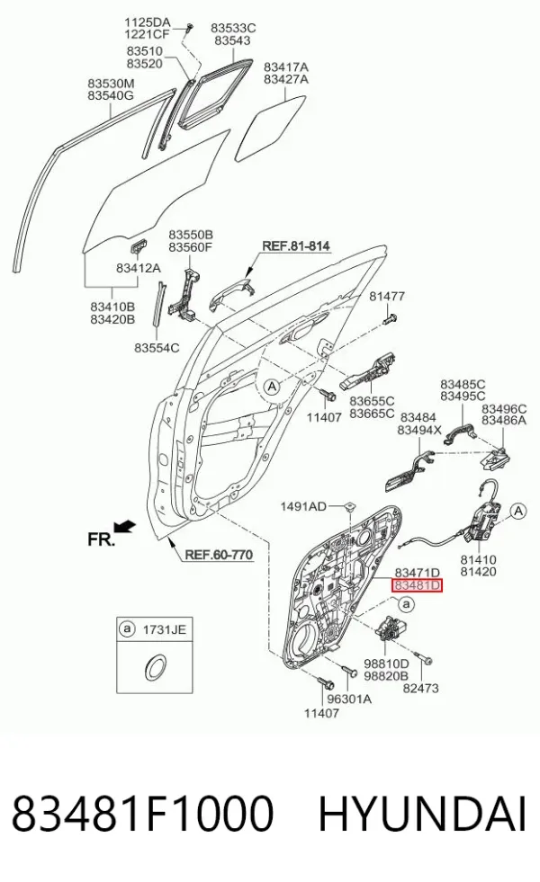 Mecanismo de acionamento de vidro da porta traseira direita 83481F1000 Hyundai/Kia