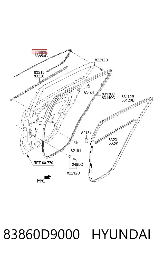 Moldura de vidro deslizante da porta traseira direita 83860D9000 Hyundai/Kia