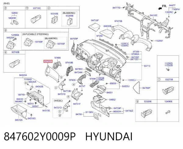 Painel dianteiro de salão "painel de instrumentos", parte inferior 847602Y0009P Hyundai/Kia