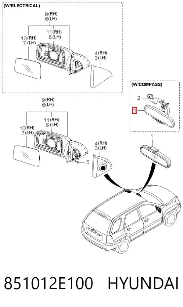 Espelho de salão interno 851012E100 Hyundai/Kia
