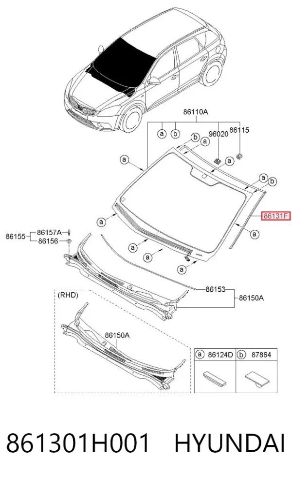 Moldura de pára-brisas 861301H001 Hyundai/Kia