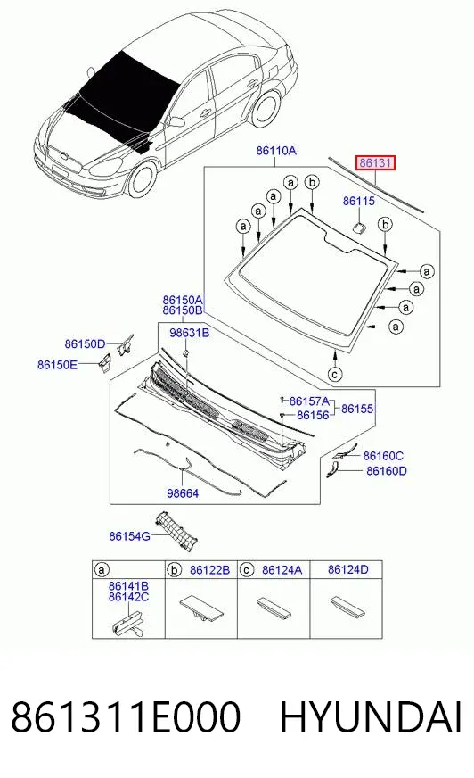 Moldura superior de pára-brisas 861311E000 Hyundai/Kia