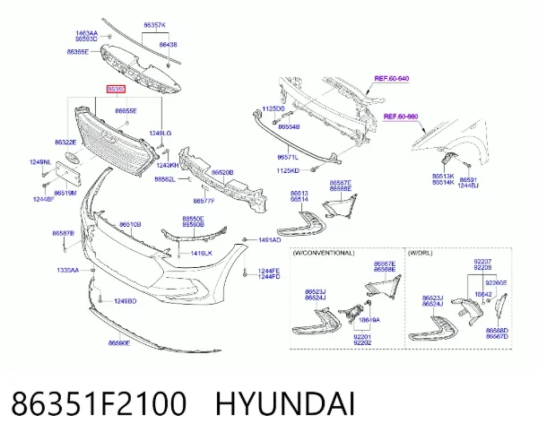 Grelha do radiador 86351F2100 Hyundai/Kia