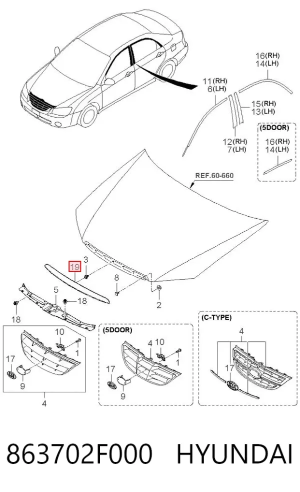 Moldura da capota 863702F000 Hyundai/Kia