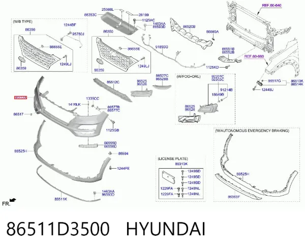 Pára-choque dianteiro, parte superior 86511D3500 Hyundai/Kia