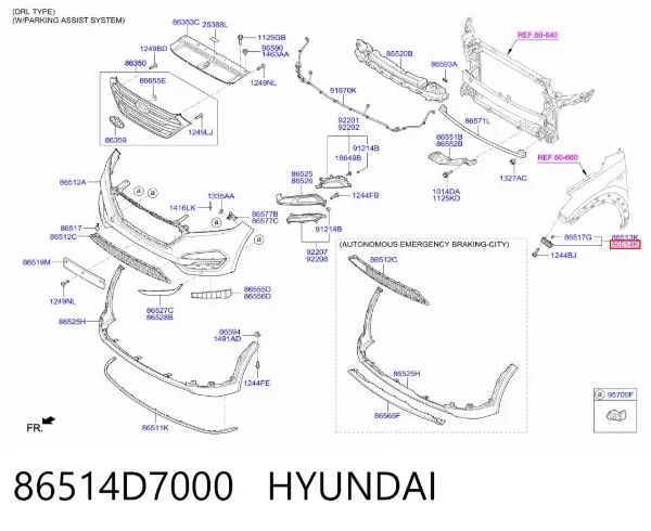Consola externa direita do pára-choque dianteiro 86514D7000 Hyundai/Kia