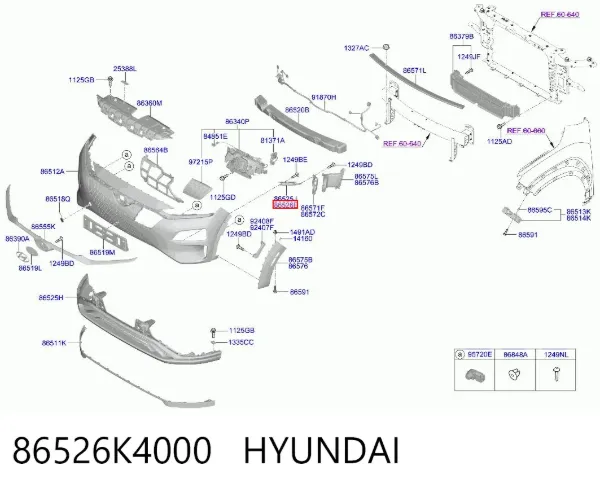 Consola externa direita do pára-choque dianteiro 86526K4000 Hyundai/Kia