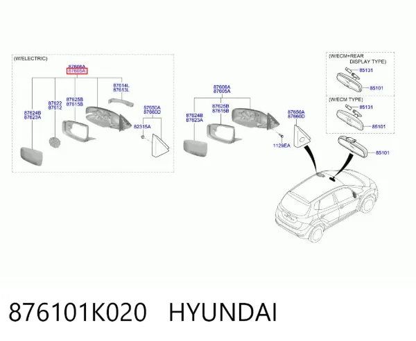 Espelho de retrovisão esquerdo 876101K020 Hyundai/Kia