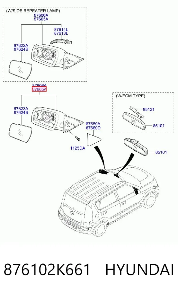 Espelho de retrovisão esquerdo 876102K661 Hyundai/Kia
