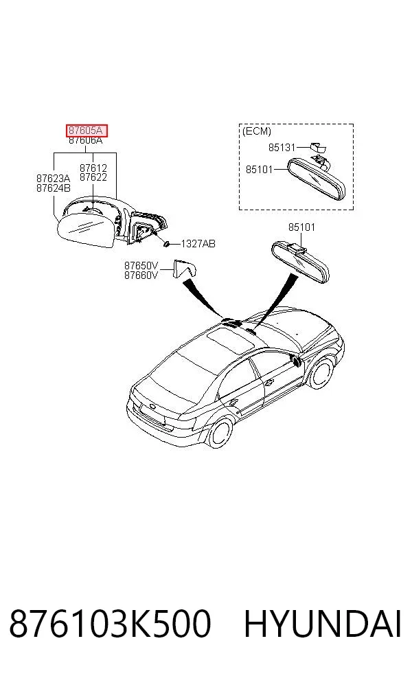 Espelho de retrovisão esquerdo 876103K500 Hyundai/Kia