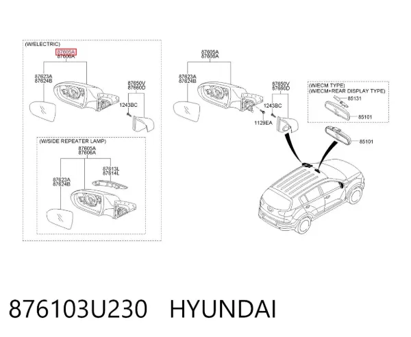 Espelho de retrovisão esquerdo 876103U230 Hyundai/Kia