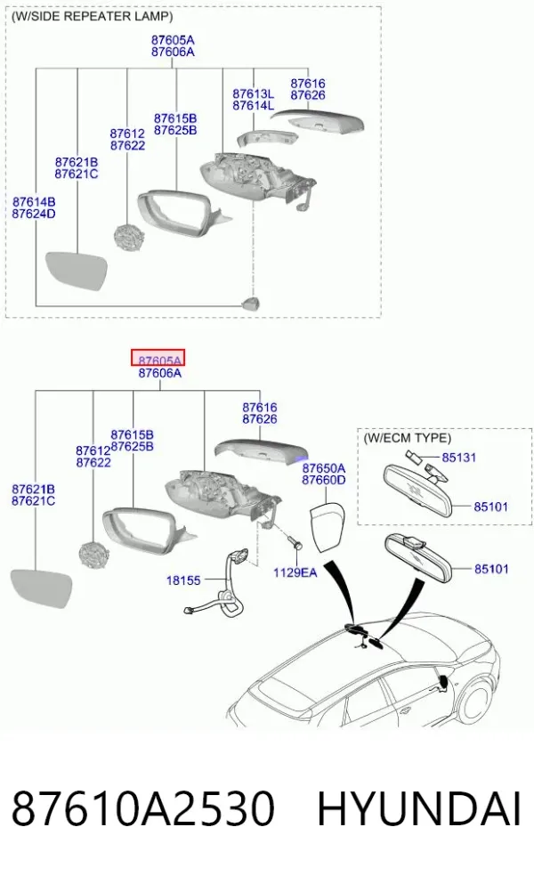 Espelho de retrovisão esquerdo 87610A2530 Hyundai/Kia