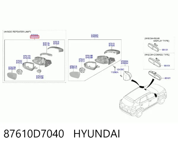 Espelho de retrovisão esquerdo 87610D7040 Hyundai/Kia