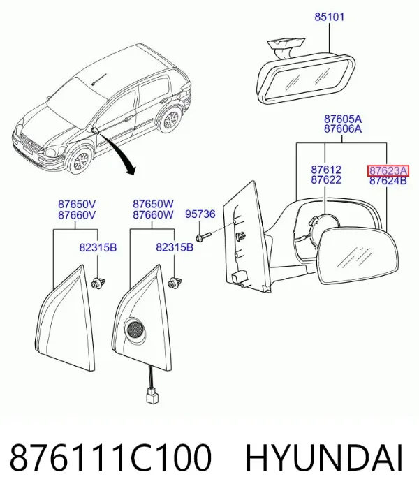 Elemento espelhado do espelho de retrovisão esquerdo 876111C100 Hyundai/Kia