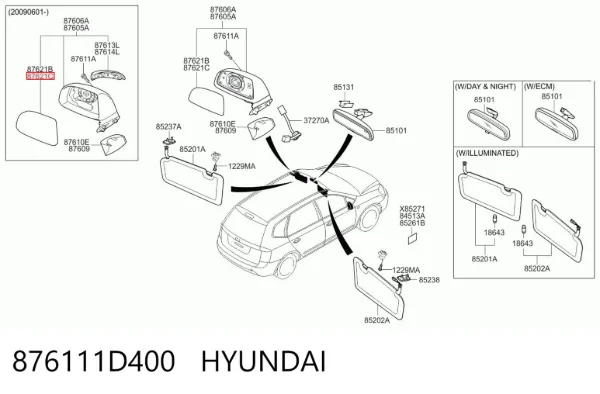 Elemento espelhado do espelho de retrovisão esquerdo 876111D400 Hyundai/Kia