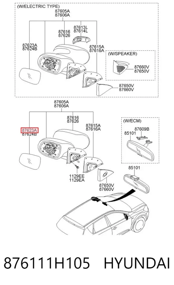 Elemento espelhado do espelho de retrovisão esquerdo 876111H105 Hyundai/Kia