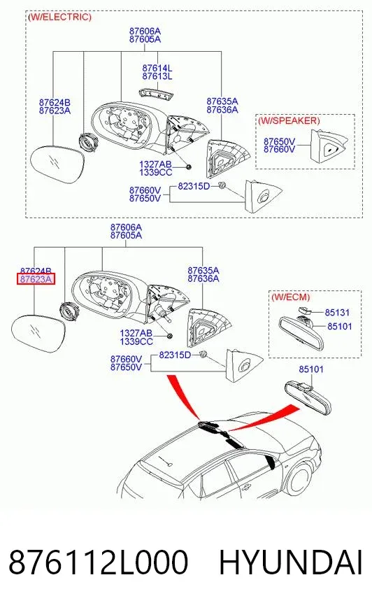 Elemento espelhado do espelho de retrovisão esquerdo 876112L000 Hyundai/Kia